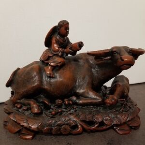 Mid Century Red Resin Sculpture from Thailand with Water Buffalos and Boy in Hat